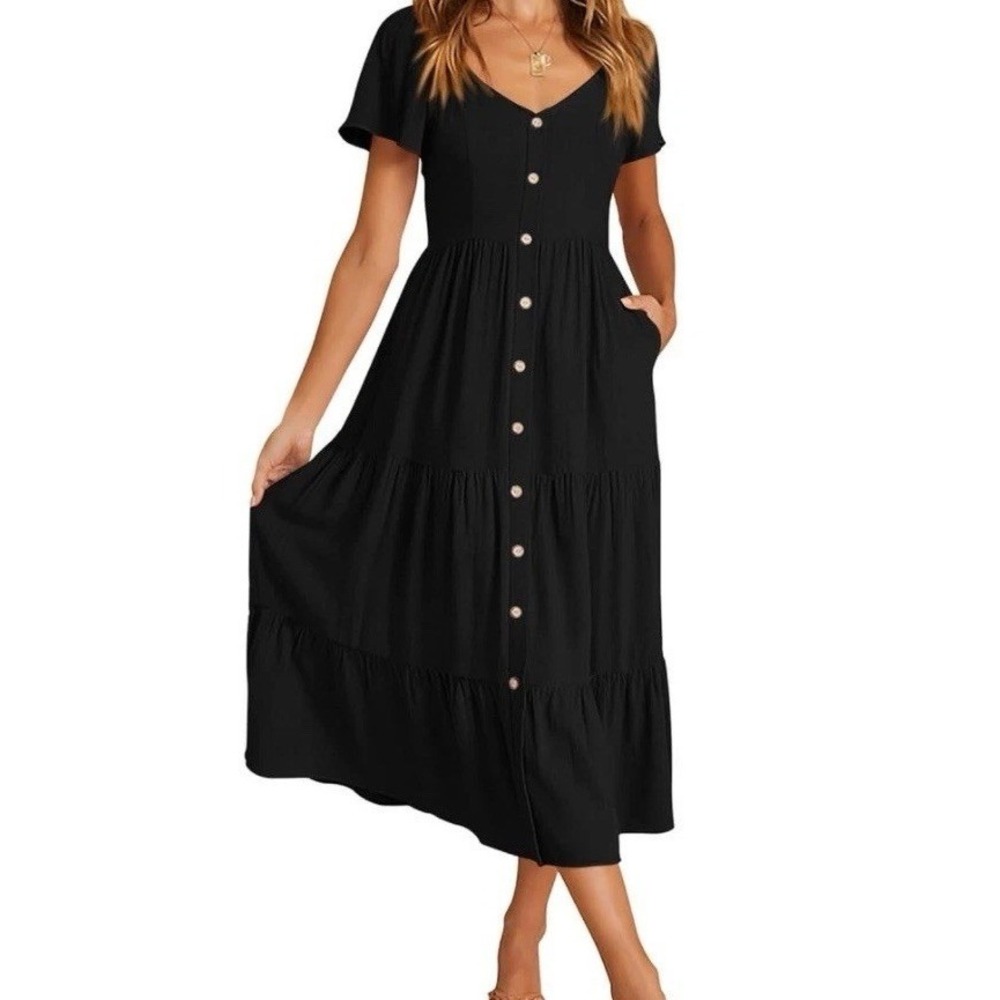Kirundo Tiered Dress Women M Black NWT V-neck Pockets Casual Midi C305